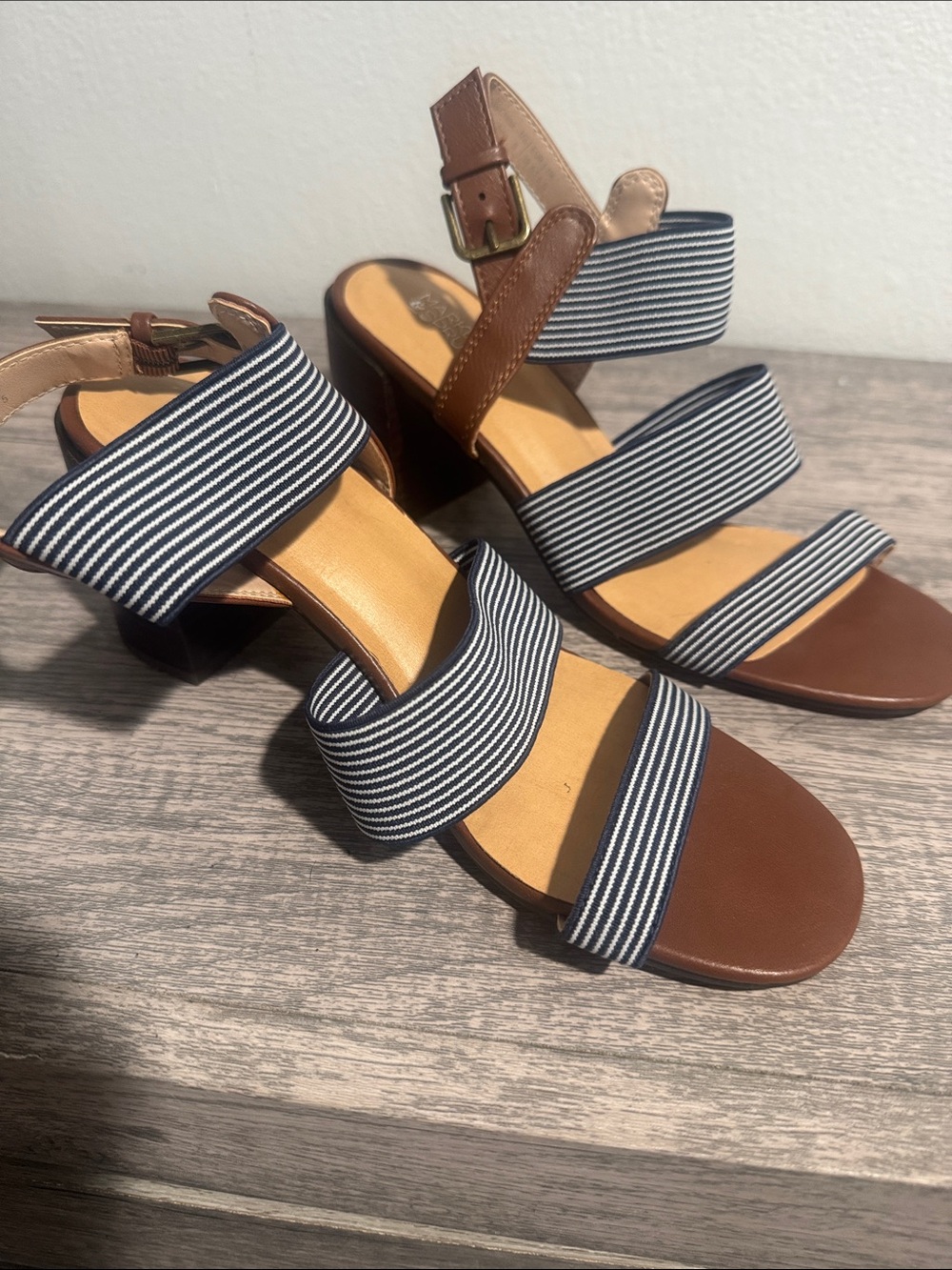 Market & Spruce Navy Stripe and Brown Block Heel Sandals - Nicole Elastic Strap